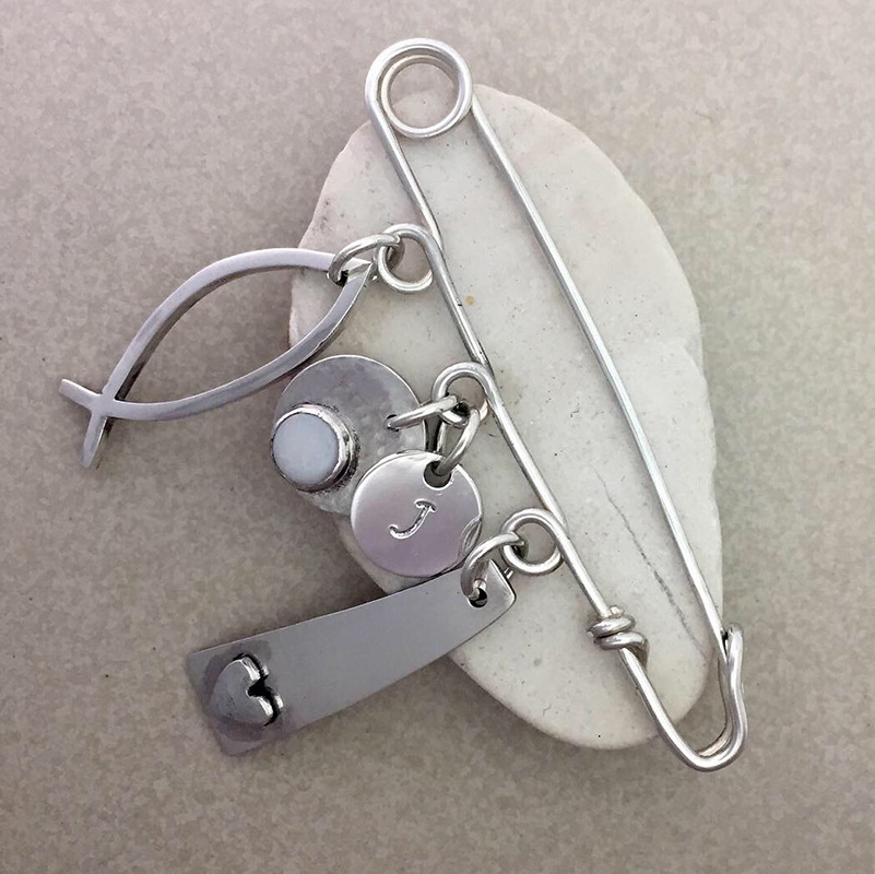 Personalised handmade charm kilt pin brooch. Recycled sterling silver.