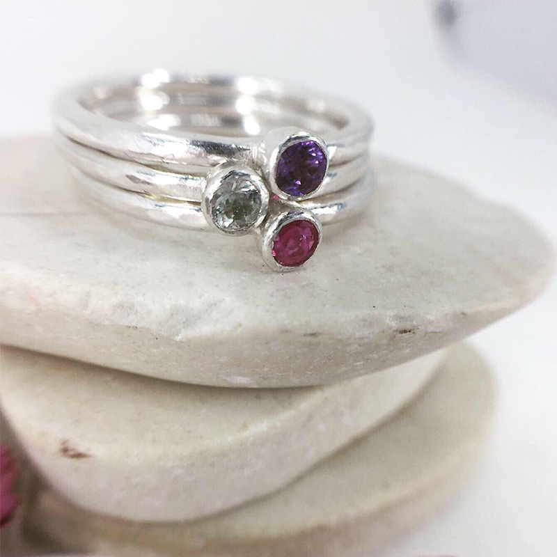 Recycled silver handmade stacking rings with birthstones to personalise.