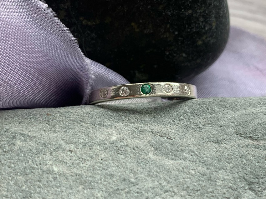 Handmade recycled white gold eternity ring, set with diamonds and emeralds, personalised birthstones.