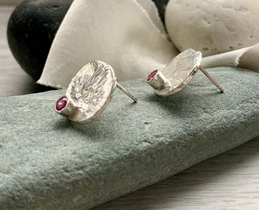 organic texture stud earrings recycled silver ruby
