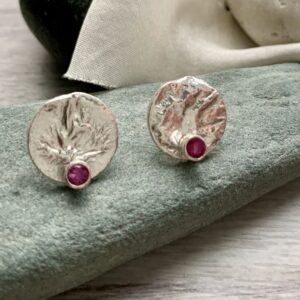 recycled silver organic texture stud earrings ruby