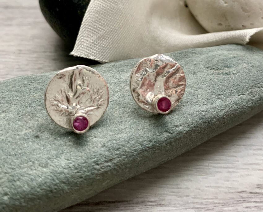recycled silver organic texture stud earrings ruby
