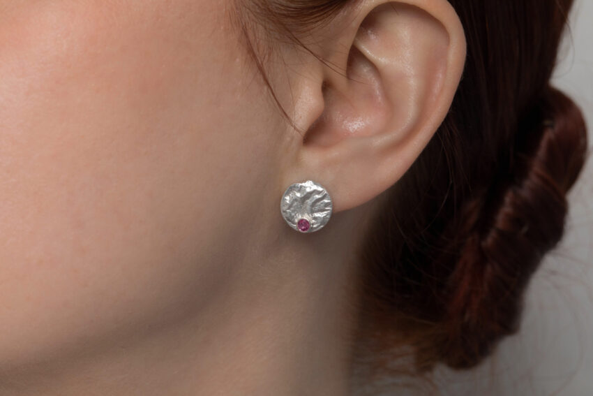 ruby stud earrings organic texture recycled silver
