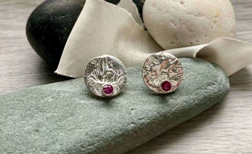recycled silver unique texture stud earrings rubies