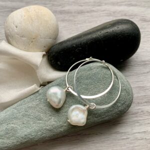 organic Keishi pearls on silver hoops