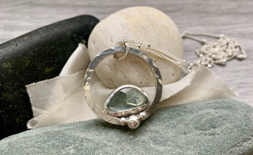 aquamarine slice recycled silver hammered texture pebbles hallmarked