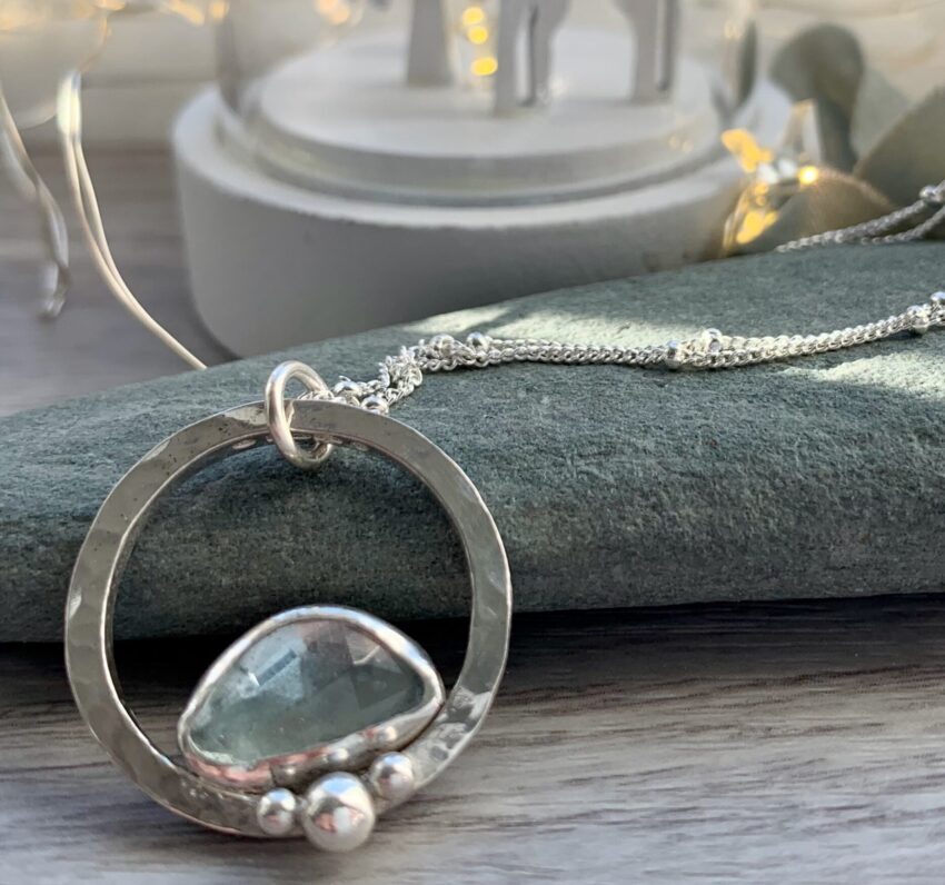 aquamarine hammered texture circle pendant pebbles