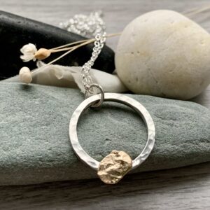 recycled silver and gold circle pendant hammered texture organic shaped nugget