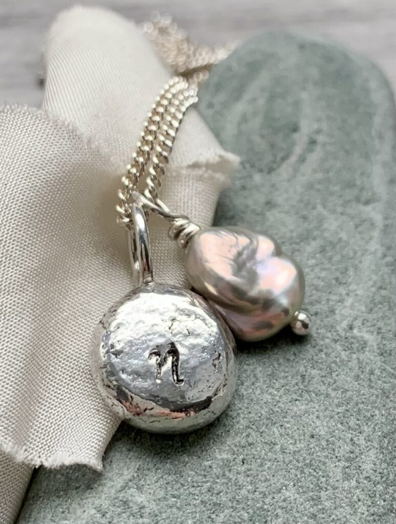 recycled silver personalised pebble and Keisha pearl handmade necklace June birthstone