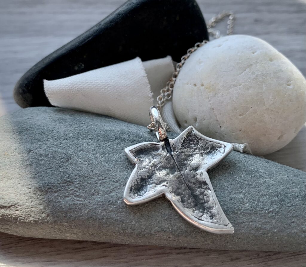 Fine silver handmade ivy leaf pendant, one of a kind jewellery.