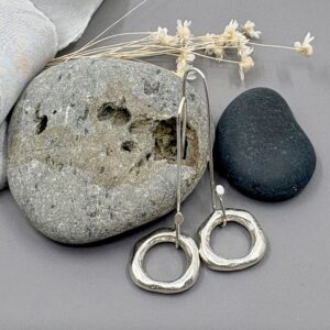 handmade organic circle long drop silver earrings