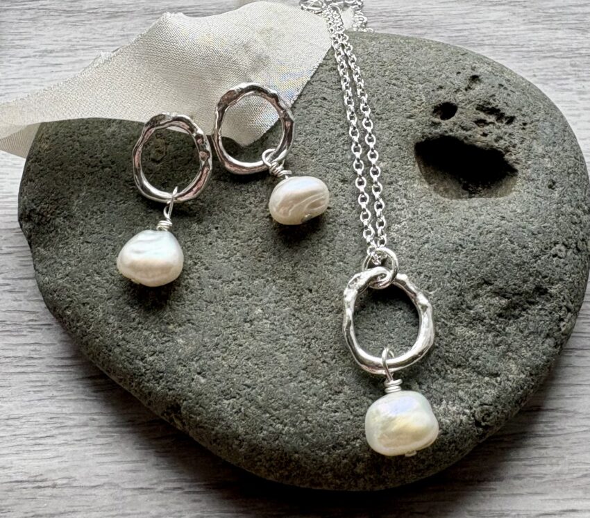 recycled silver organic shaped earrings and necklace set with keishi pearls