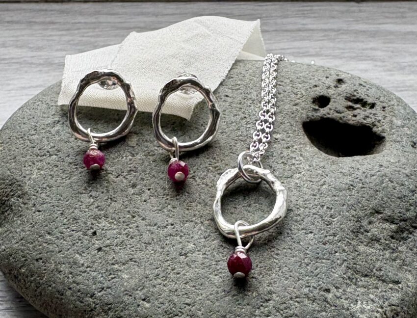 recycled silver organic circle shape earrings and necklace set ruby July birthstone