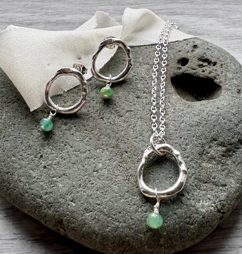 recycled silver organic circle shape stud earrings and necklace set emerald May birthstone